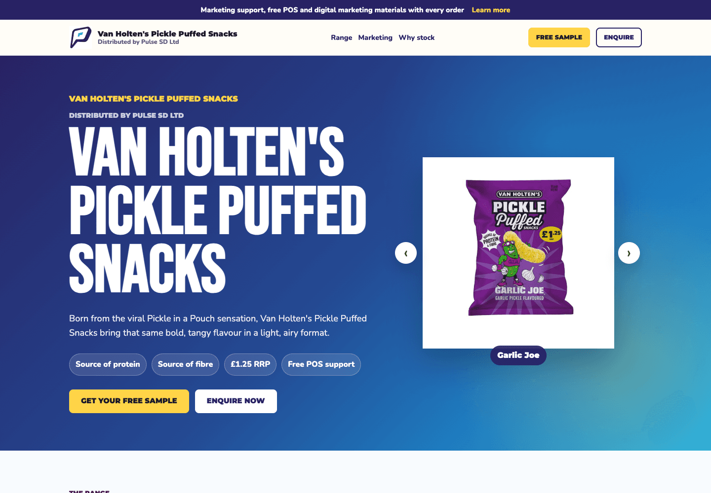 Desktop view of the Van Holten's Pickle Puffed Snacks landing page
