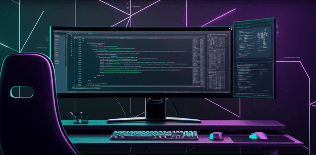 Developer workspace with a violet and teal theme Developer workspace